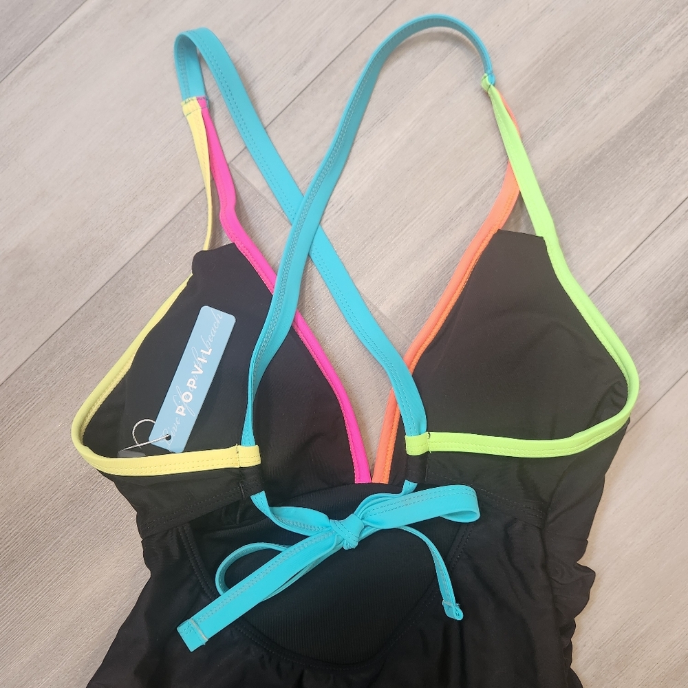 Neon straps swimsuit M black one piece deep V swimwear tummy control shaper new - Picture 10 of 12
